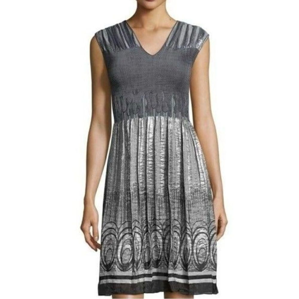 Max Studio Metallic Silver & Grey Pleated Stretchy Fit & Flare Dress